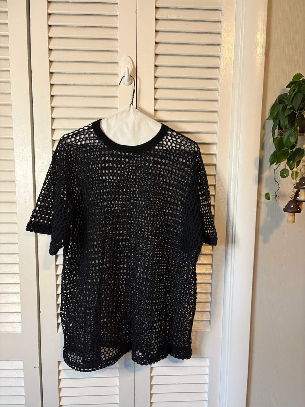 Black Crochet Short-Sleeve Knit Top